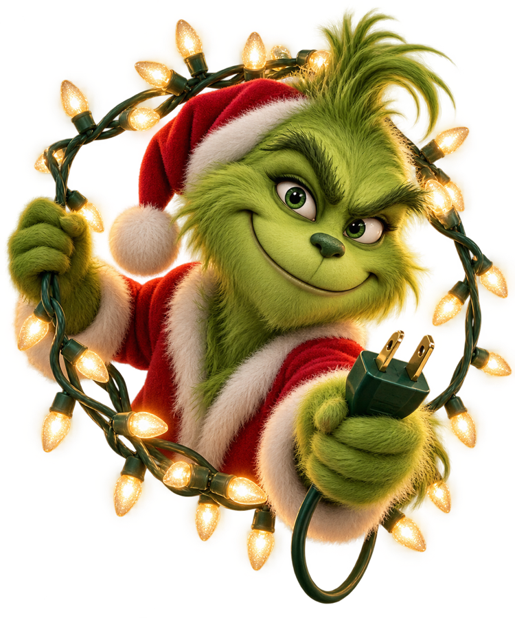 A mischievous green holiday grouch holding a strand of glowing Christmas lights